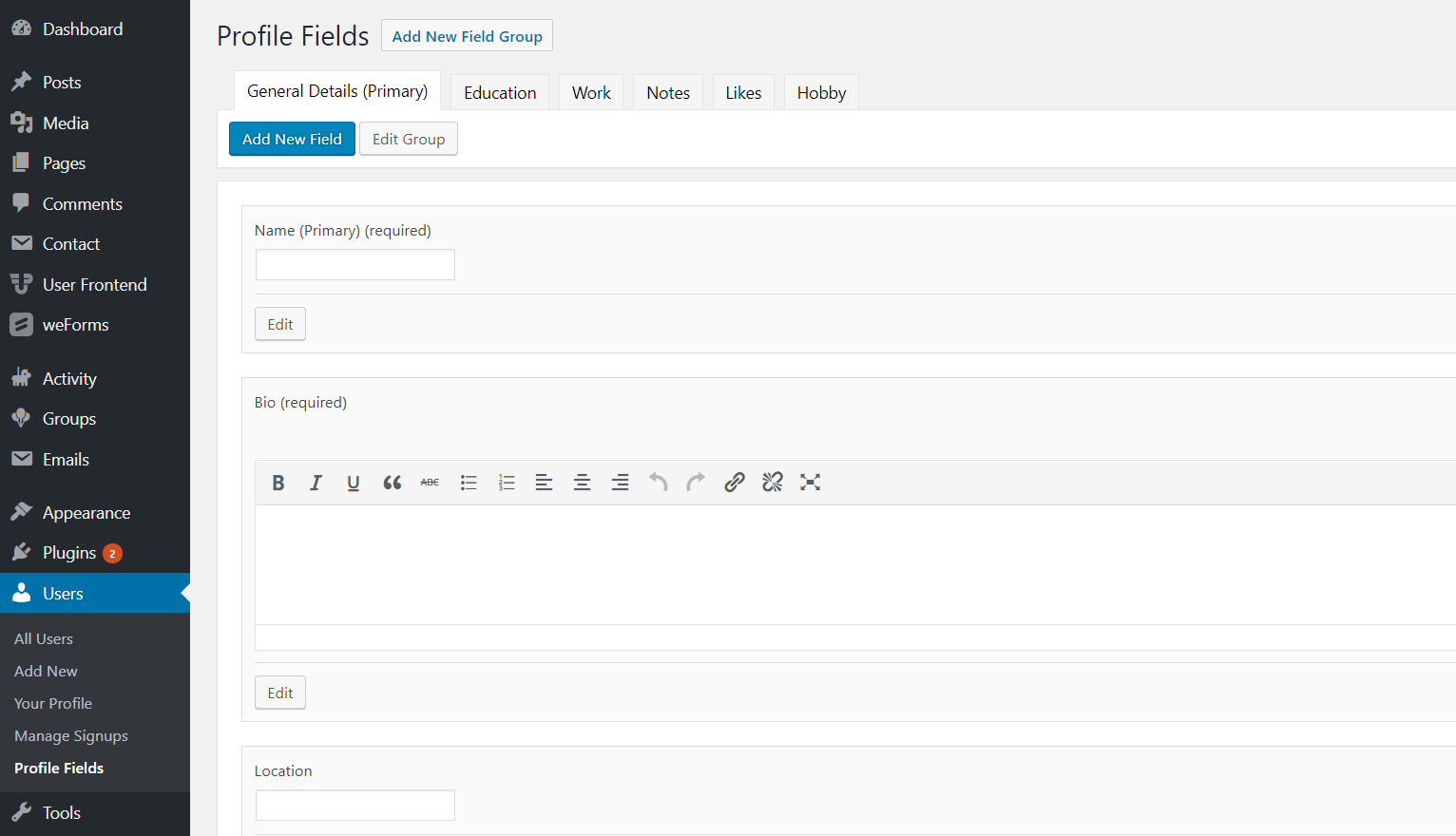 create the BuddyPress profile fields